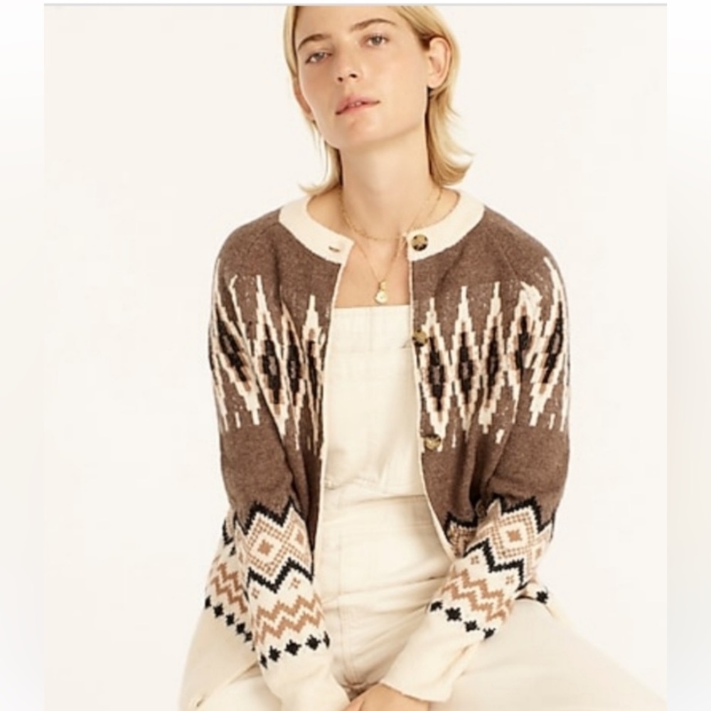 J. Crew Fair Isle Brown and Cream Patterned Cardigan Oversized Sz Small S 4 6 8